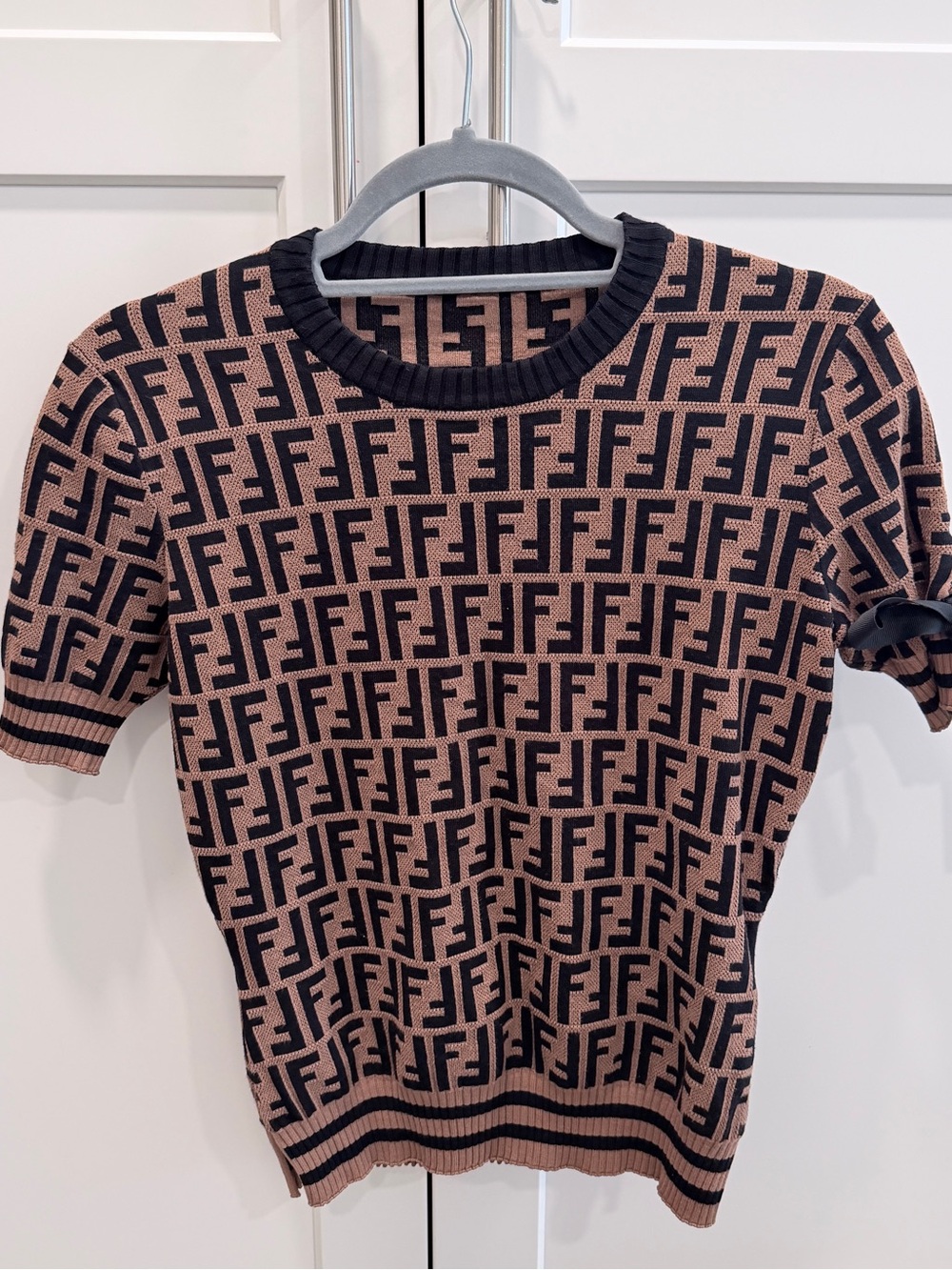 Fendi FF Monogram Short Sleeve Knit Top Bow Sleeve Italy Size 36